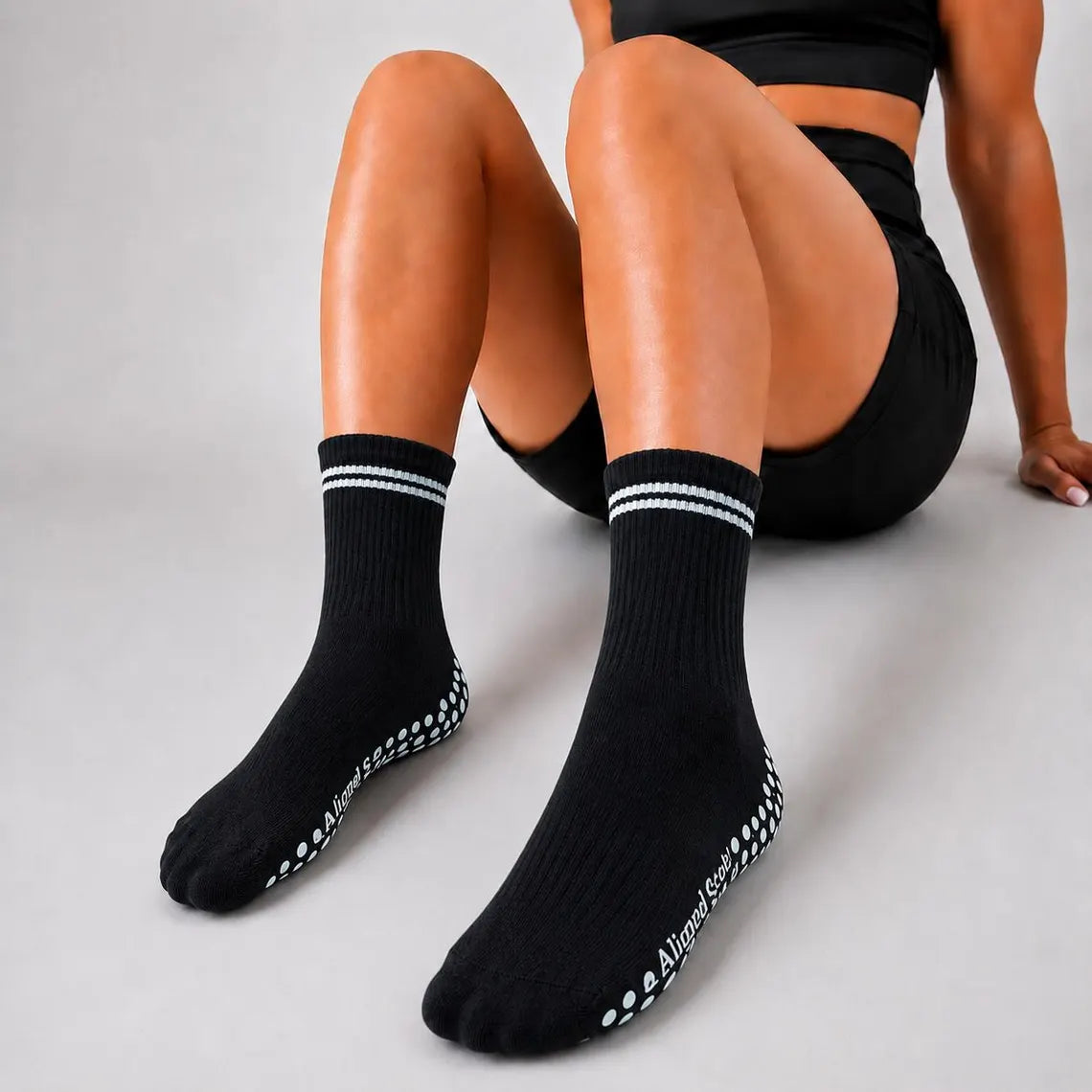 Stripped Black Pilates Grip Socks